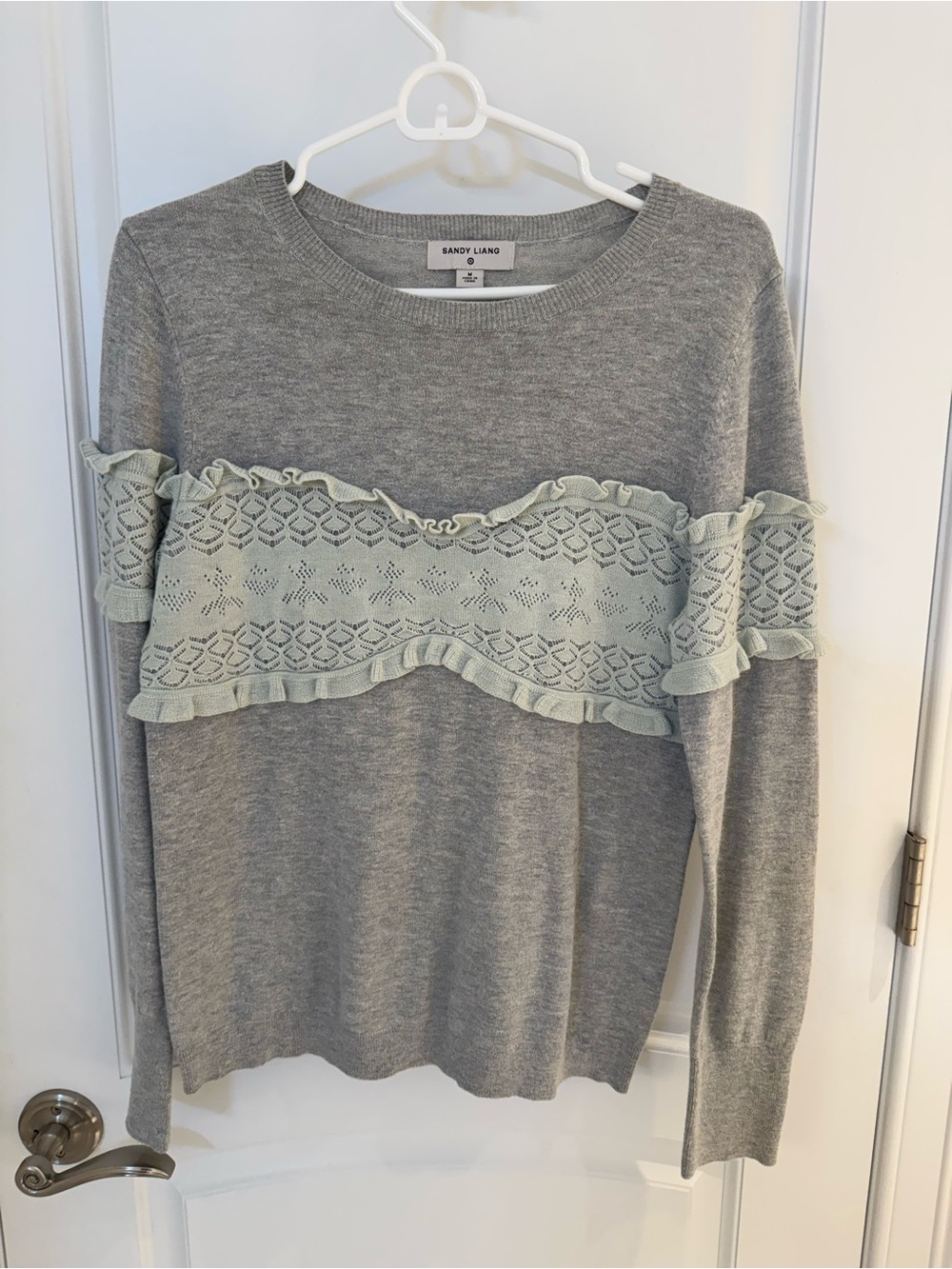 Sandy Liang Grey Sweater with Mint Green Ruffle Accent